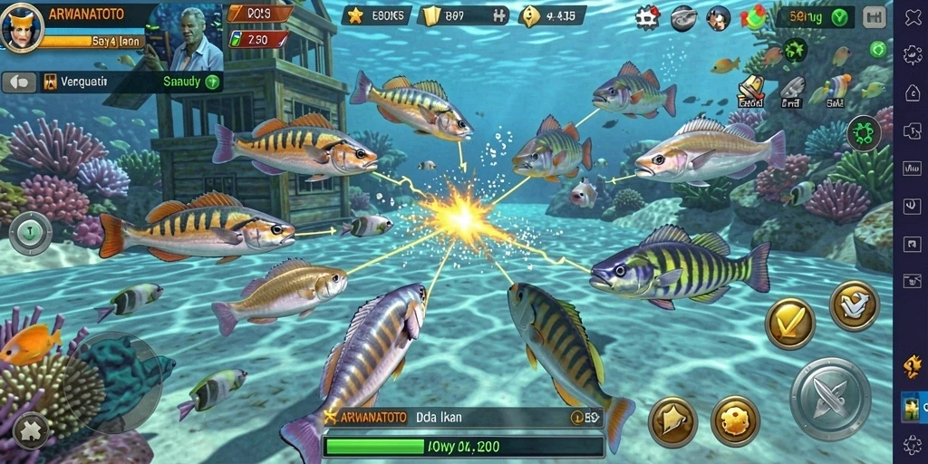 Tampilan gameplay seru ARWANATOTO saat menembak ikan.