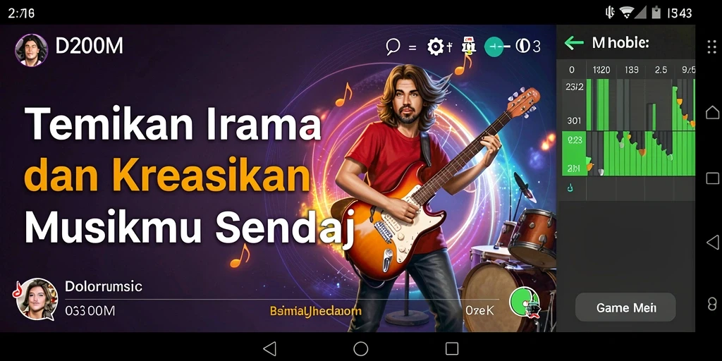 Tangkapan layar D200M menunjukkan gameplay musik yang seru dan interaktif.