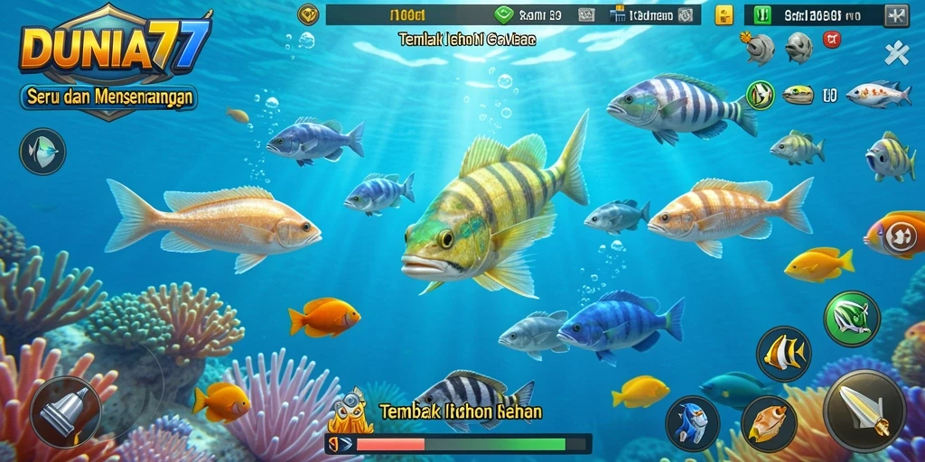 Screenshot gameplay DUNIA77 yang menampilkan aksi menembak ikan.