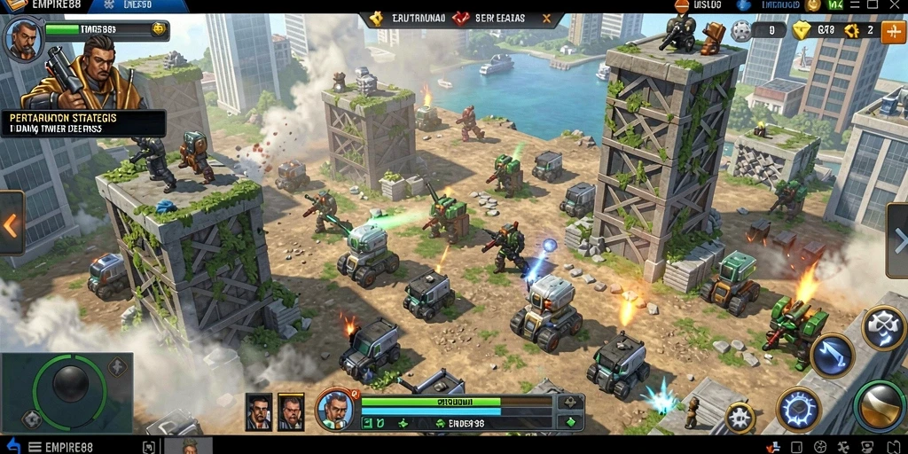 Screenshot gameplay EMPIRE88 menunjukkan pertahanan menara yang strategis dan aksi seru melawan musuh.