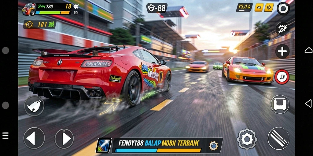 Tampilan gameplay seru FENDY188 dengan mobil balap yang sedang melaju kencang.