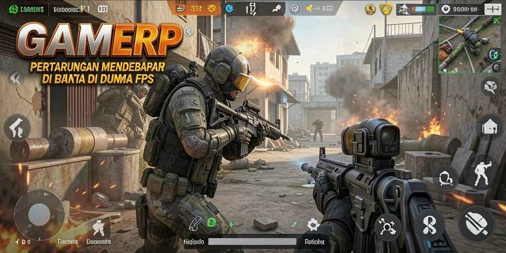 Screenshot gameplay GAMERP dengan aksi menembak yang intens.