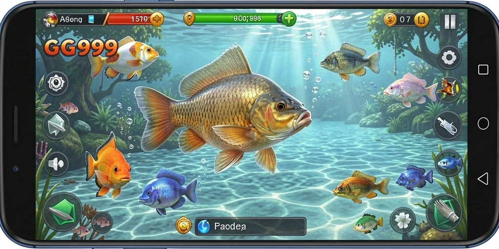 Screenshot GG999 menunjukkan aksi seru saat memancing di laut.