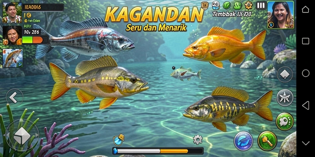 Tampilan gameplay seru dalam KAGANDAN dengan aksi menembak ikan.
