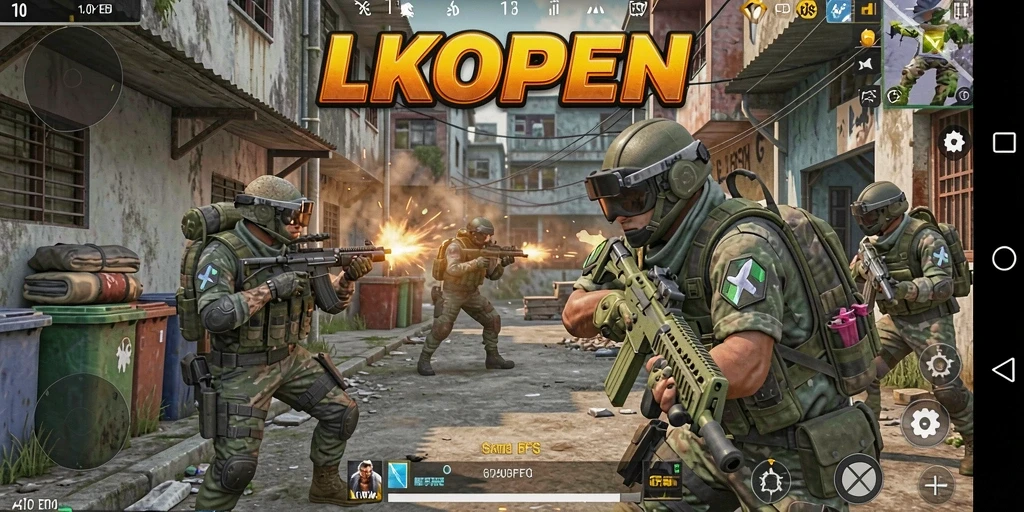 Screenshot utama menampilkan aksi seru dalam gameplay FPS LKOPEN.