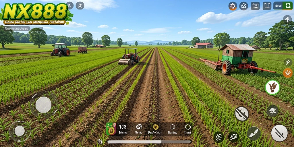 Screenshot gameplay NX888 menunjukkan aktivitas bertani yang menggembirakan.