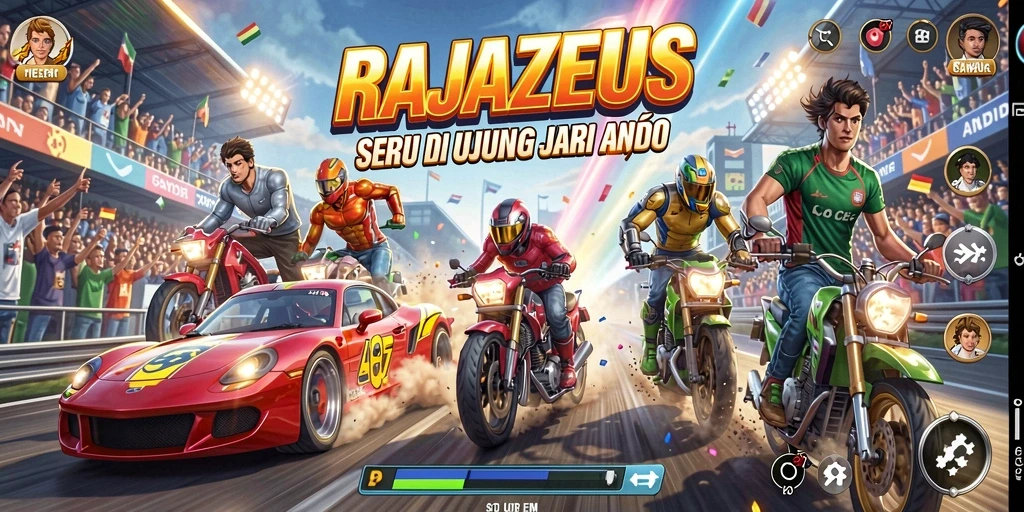 Screenshot gameplay RAJAZEUS yang menampilkan mobil balap melaju kencang di trek.