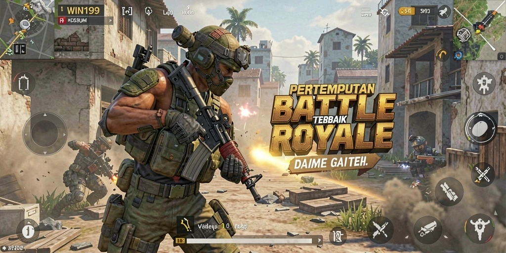 Screenshot gameplay WIN199 menampilkan pertempuran Battle Royale yang mendebarkan.